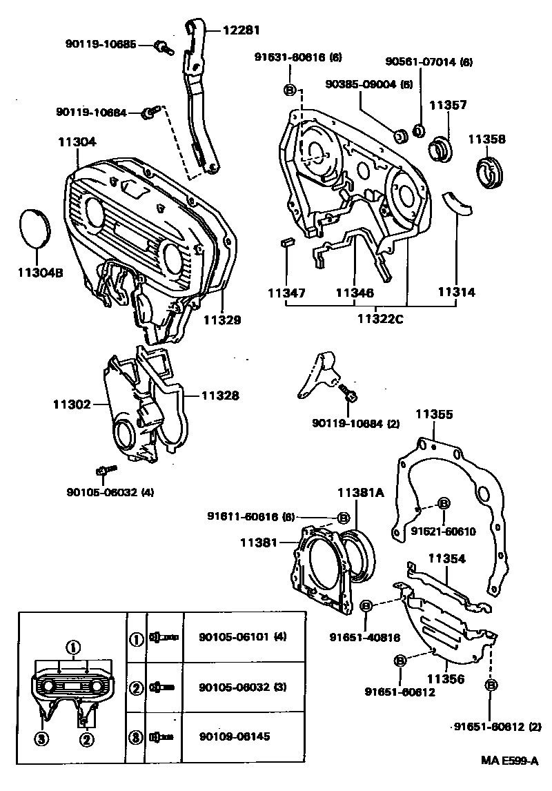 Toyota CAMRY Timing Gear Cover & Rear End Plate EPC diagram — MAE599A