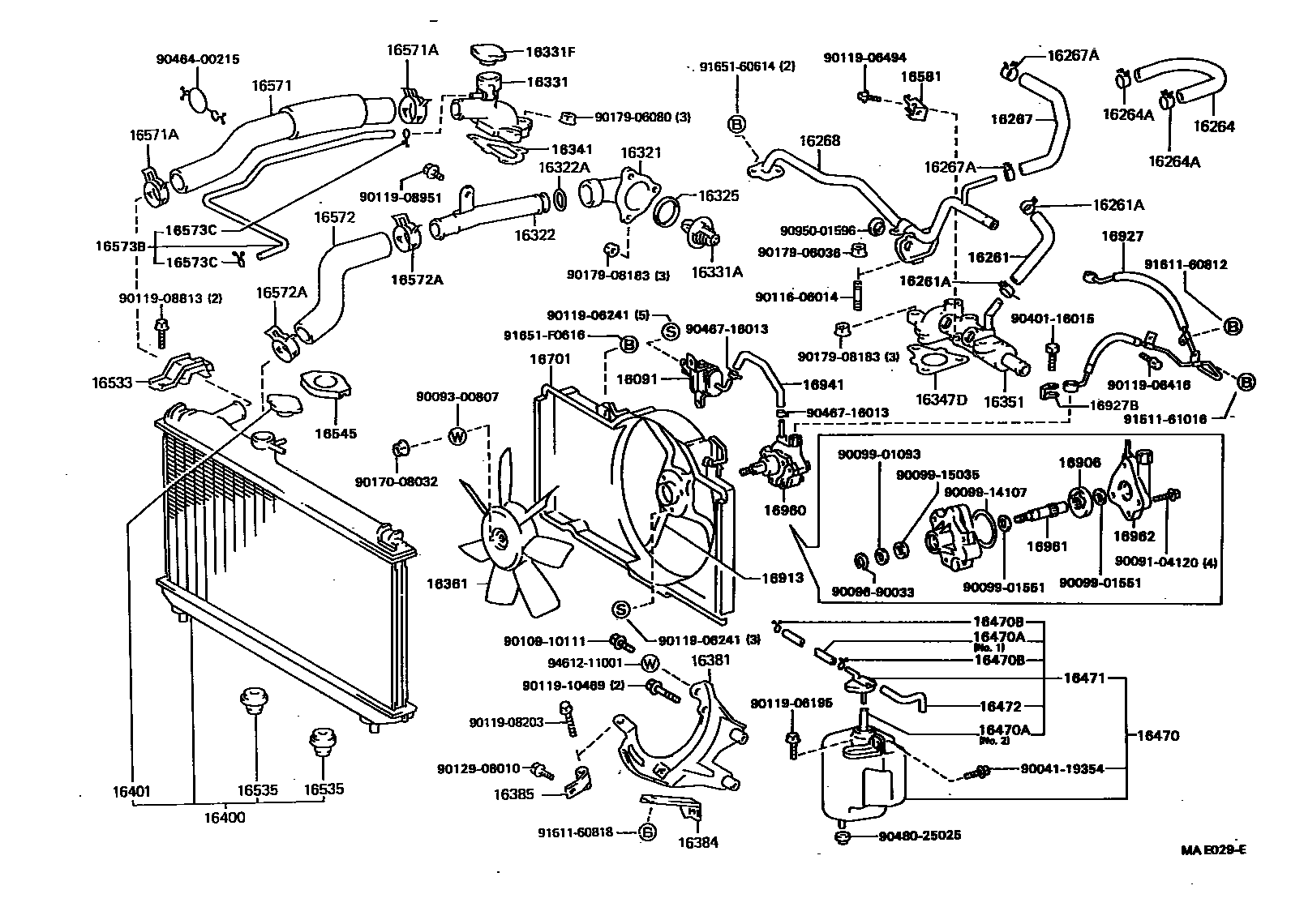 Toyota CAMRY RADIATOR & WATER OUTLET EPC diagram — MAE029E