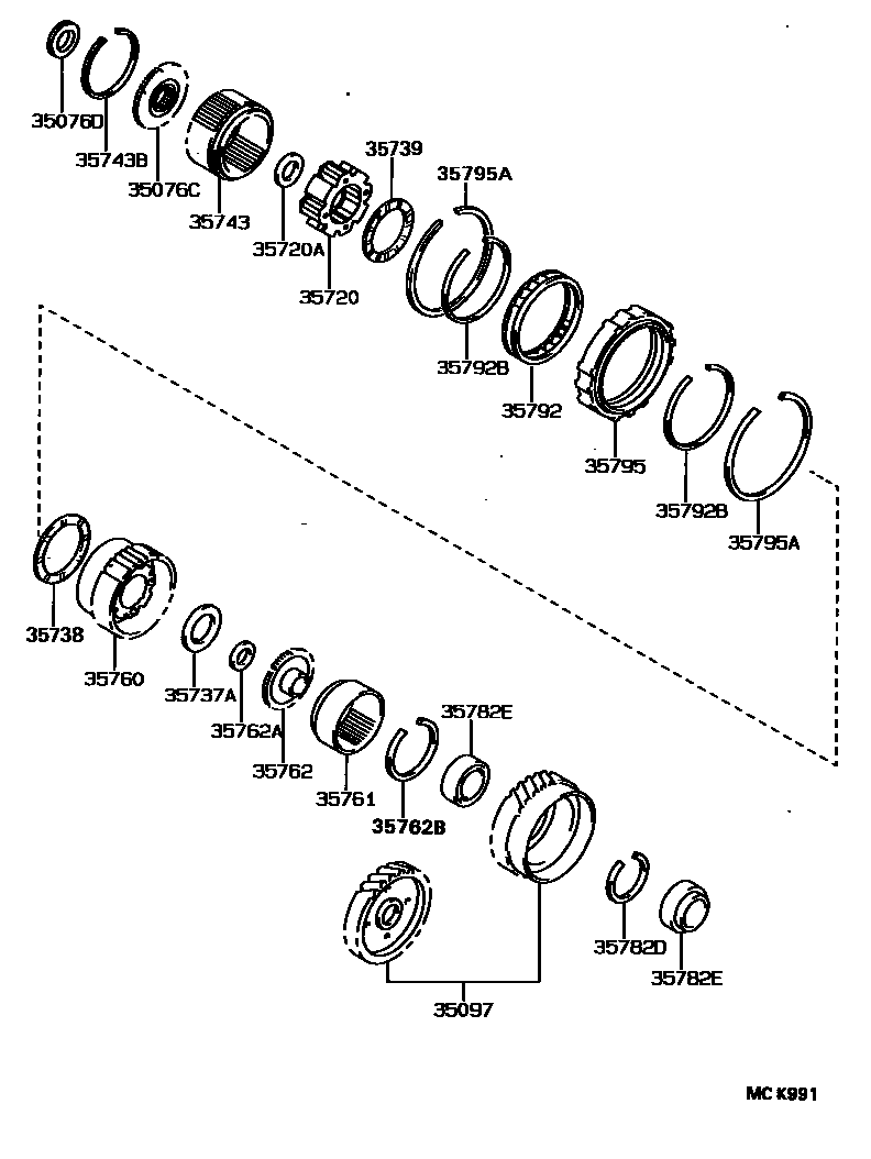 Toyota CAMRY 行星齿轮、倒档活塞和中间轴齿轮(ATM) EPC diagram — MCK991