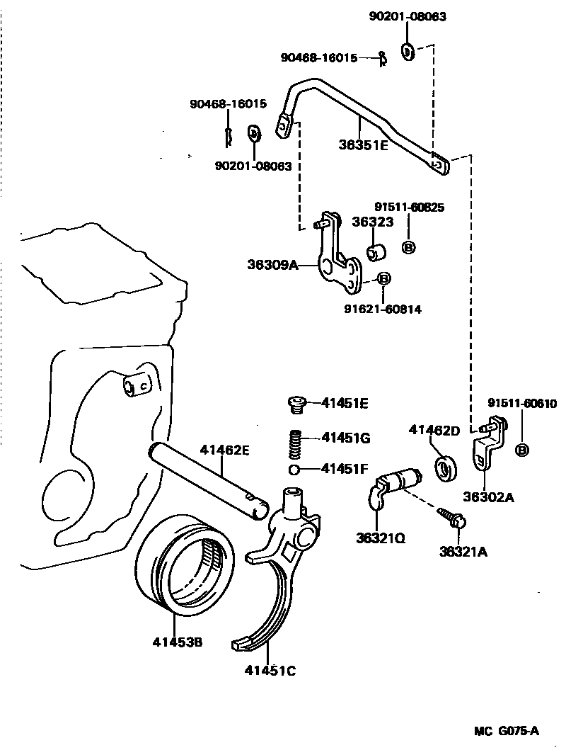 Toyota CAMRY Transfer Lever & Shift Fork Shaft EPC diagram — MCG075A