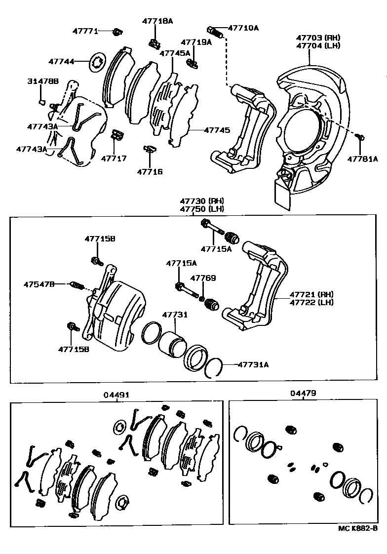Toyota CAMRY 前盘式制动器卡钳和防尘罩 EPC diagram — MCK882B