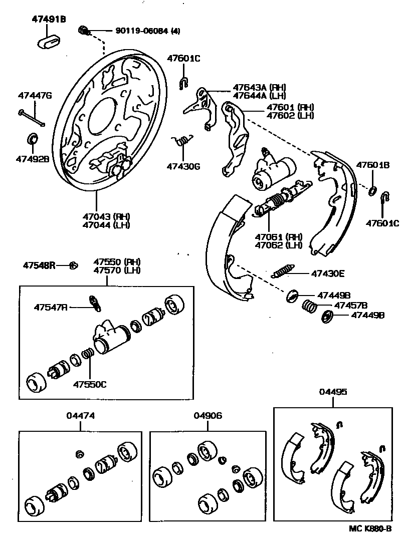 Toyota CAMRY 后鼓式制动器分泵和底板 EPC diagram — MCK880B