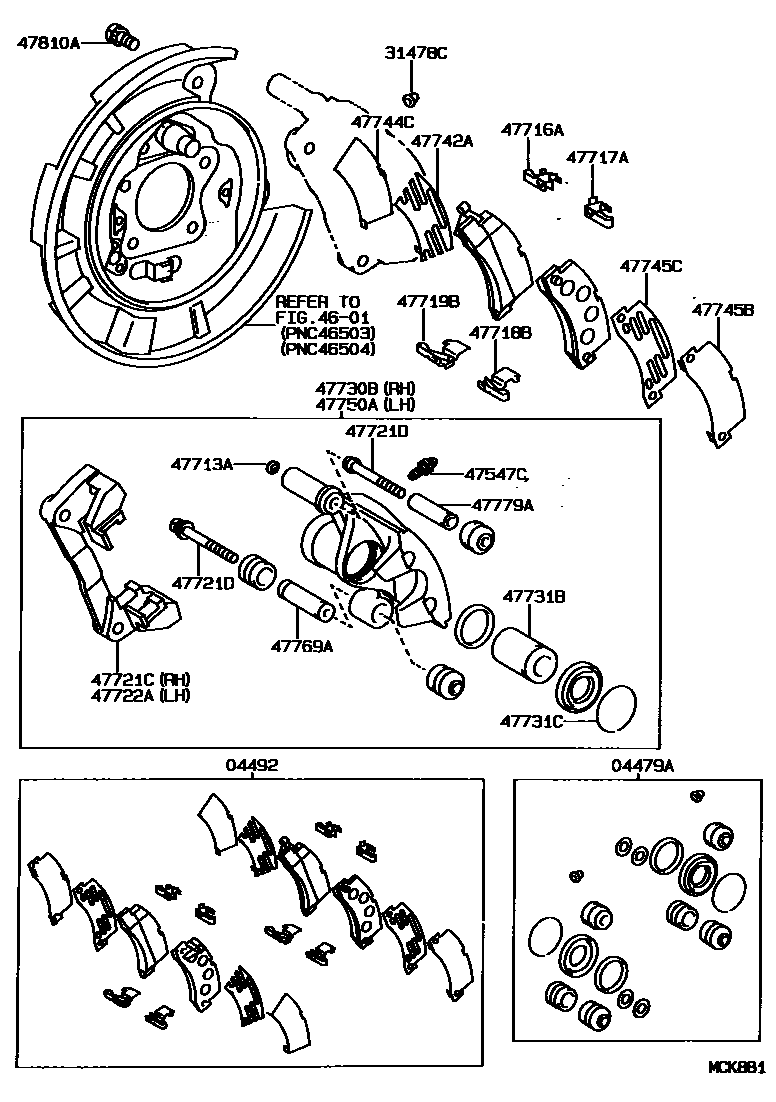 Toyota CAMRY 后盘式制动器卡钳和防尘罩 EPC diagram — MCK881