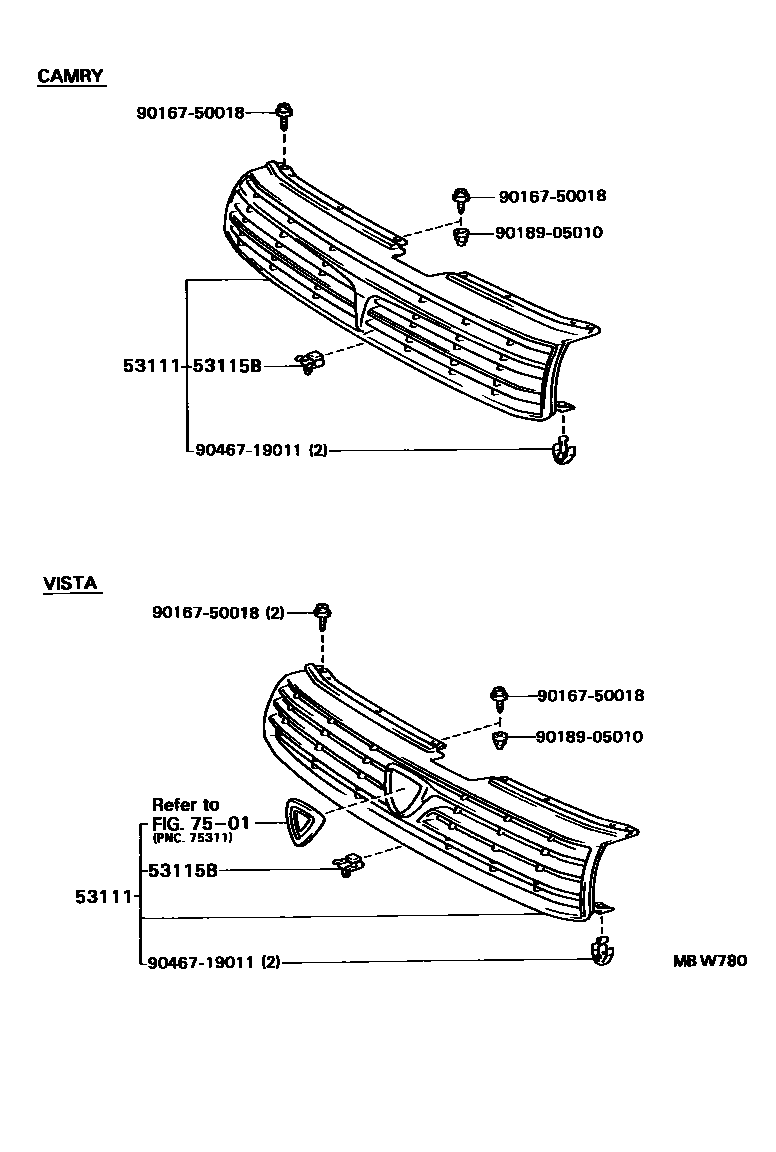Toyota CAMRY radiator grille EPC diagram — MBW780