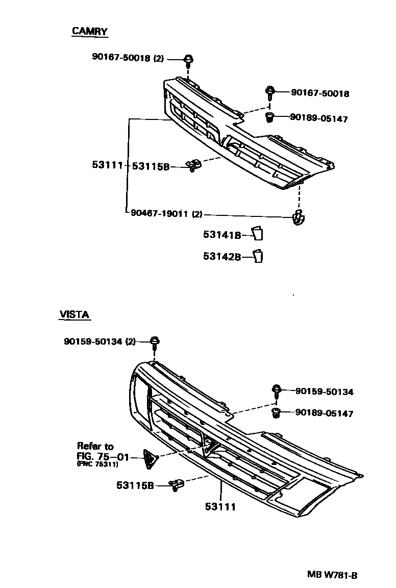 Toyota CAMRY radiator grille EPC diagram — MBW781B