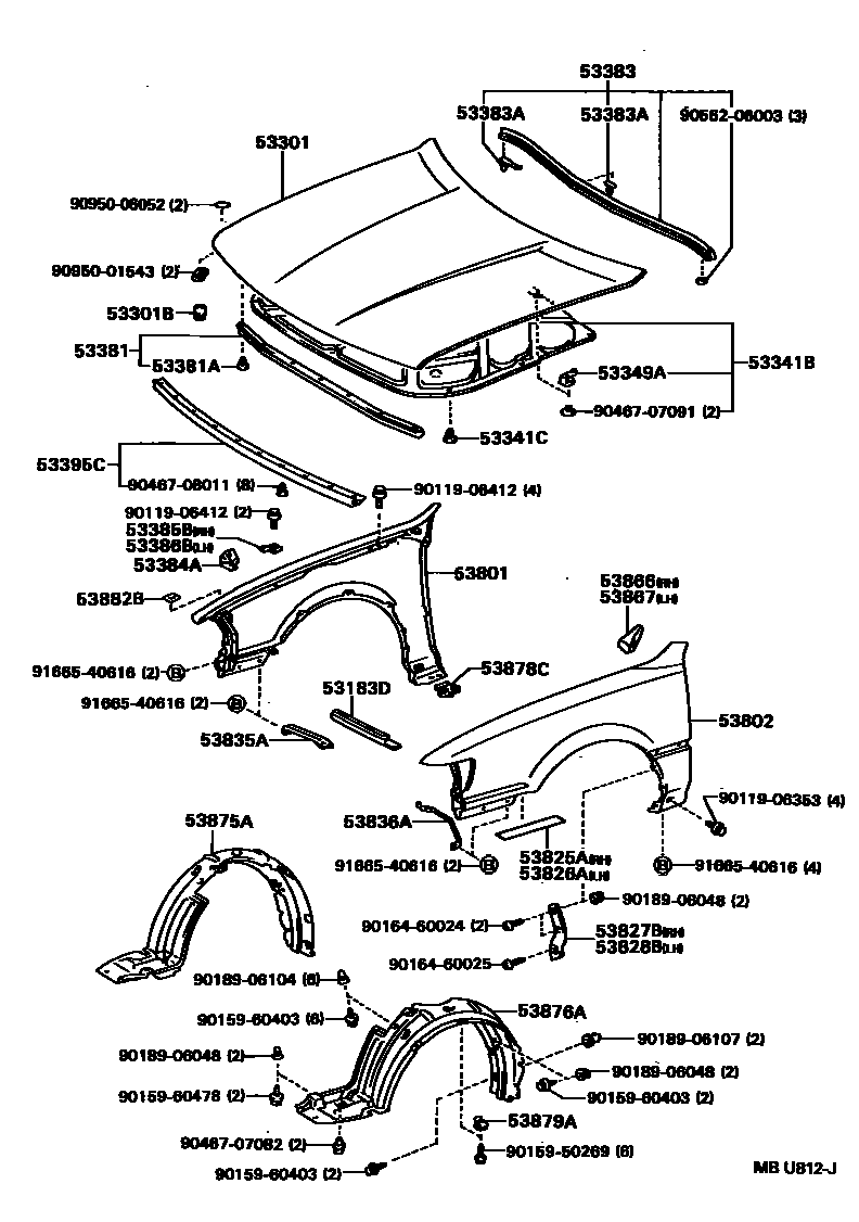 Toyota CAMRY 发动机盖和前翼子板 EPC diagram — MBU812J