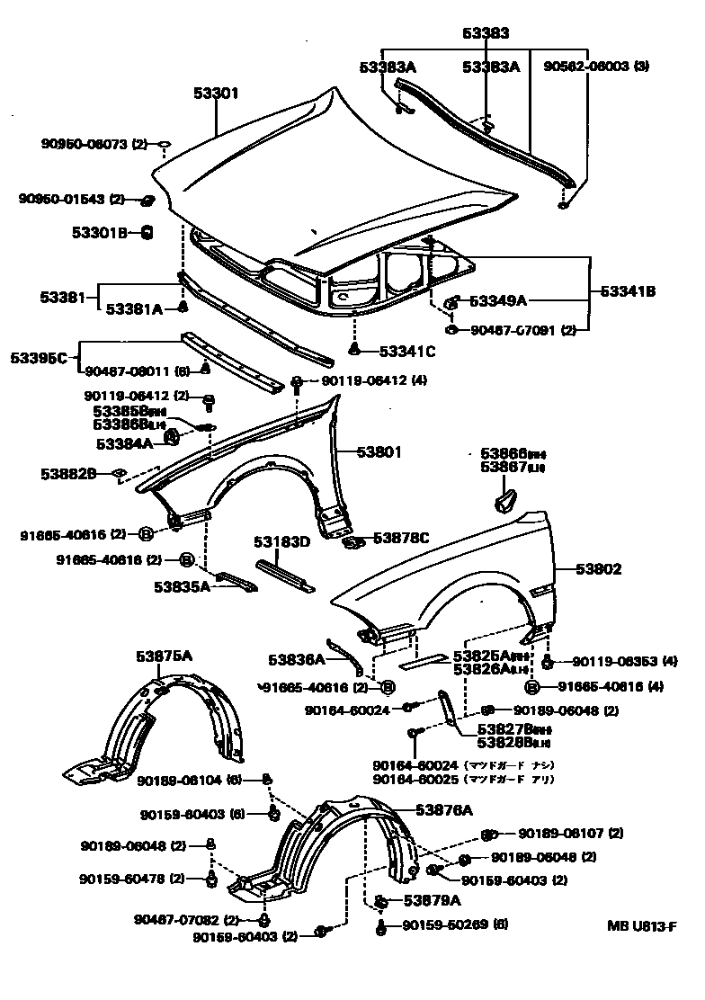 Toyota CAMRY 发动机盖和前翼子板 EPC diagram — MBU813F