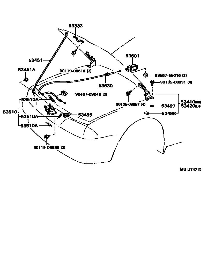 Toyota CAMRY 发动机盖锁和铰链 EPC diagram — MBU742D