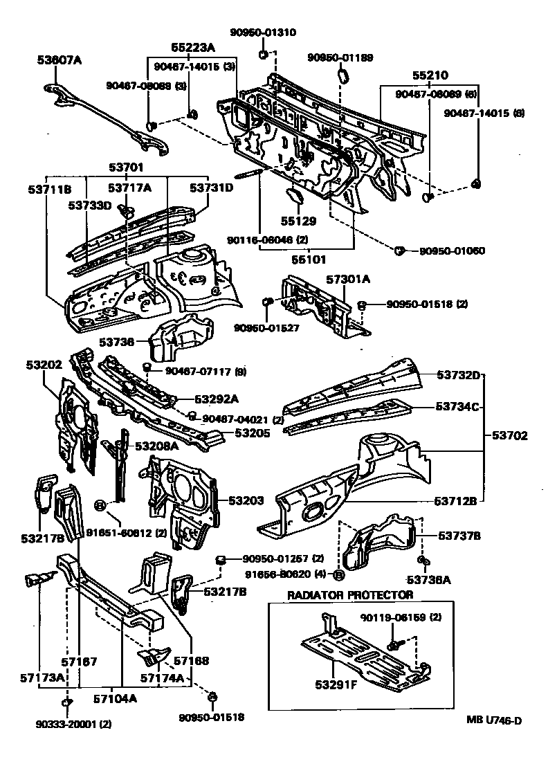 Toyota CAMRY 前翼子板挡泥板和前围板 EPC diagram — MBU746D