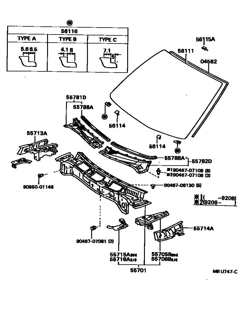 Toyota CAMRY 前围板和挡风玻璃 EPC diagram — MBU747C