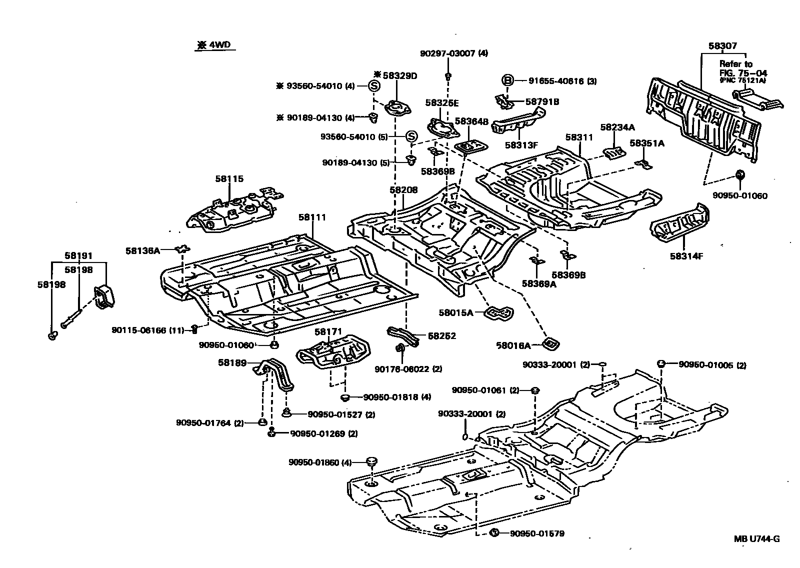 Toyota CAMRY 浅盘形地板和车身下背板 EPC diagram — MBU744G