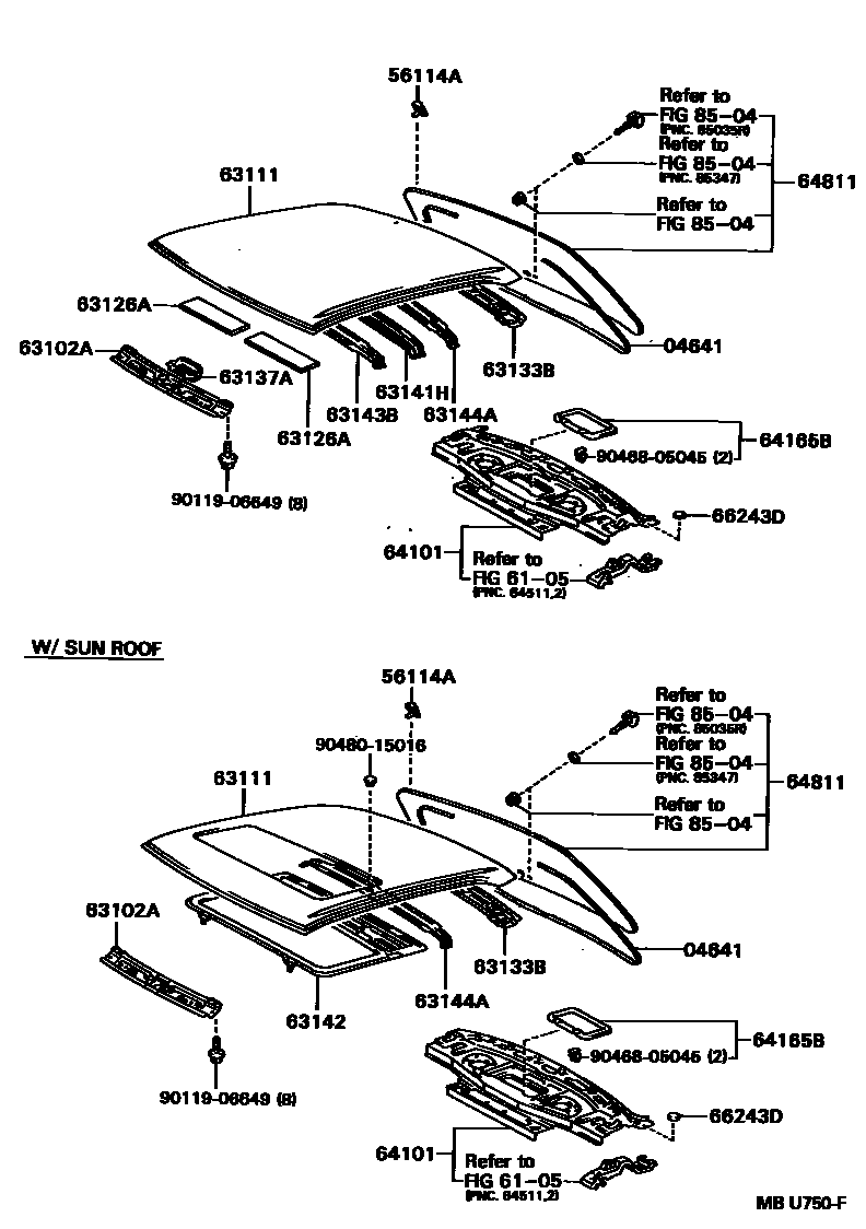 Toyota CAMRY 天窗板和背窗玻璃 EPC diagram — MBU750F