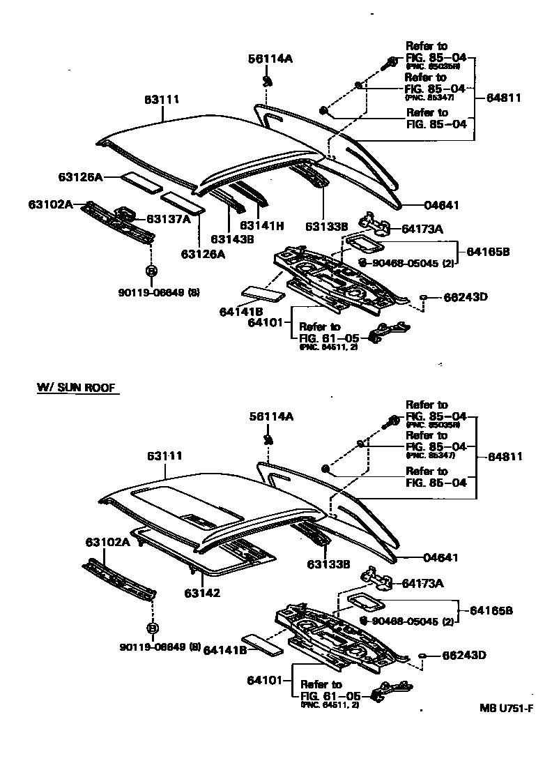 Toyota CAMRY 天窗板和背窗玻璃 EPC diagram — MBU751F