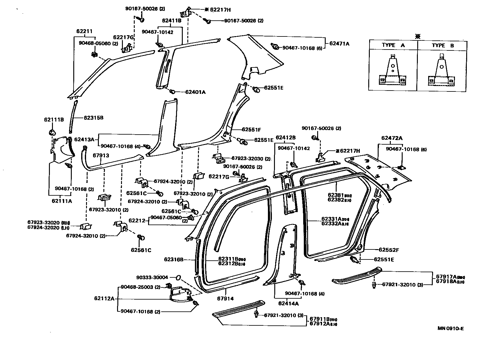 Toyota CAMRY 内饰板和车门防水胶条 EPC diagram — MN0910E