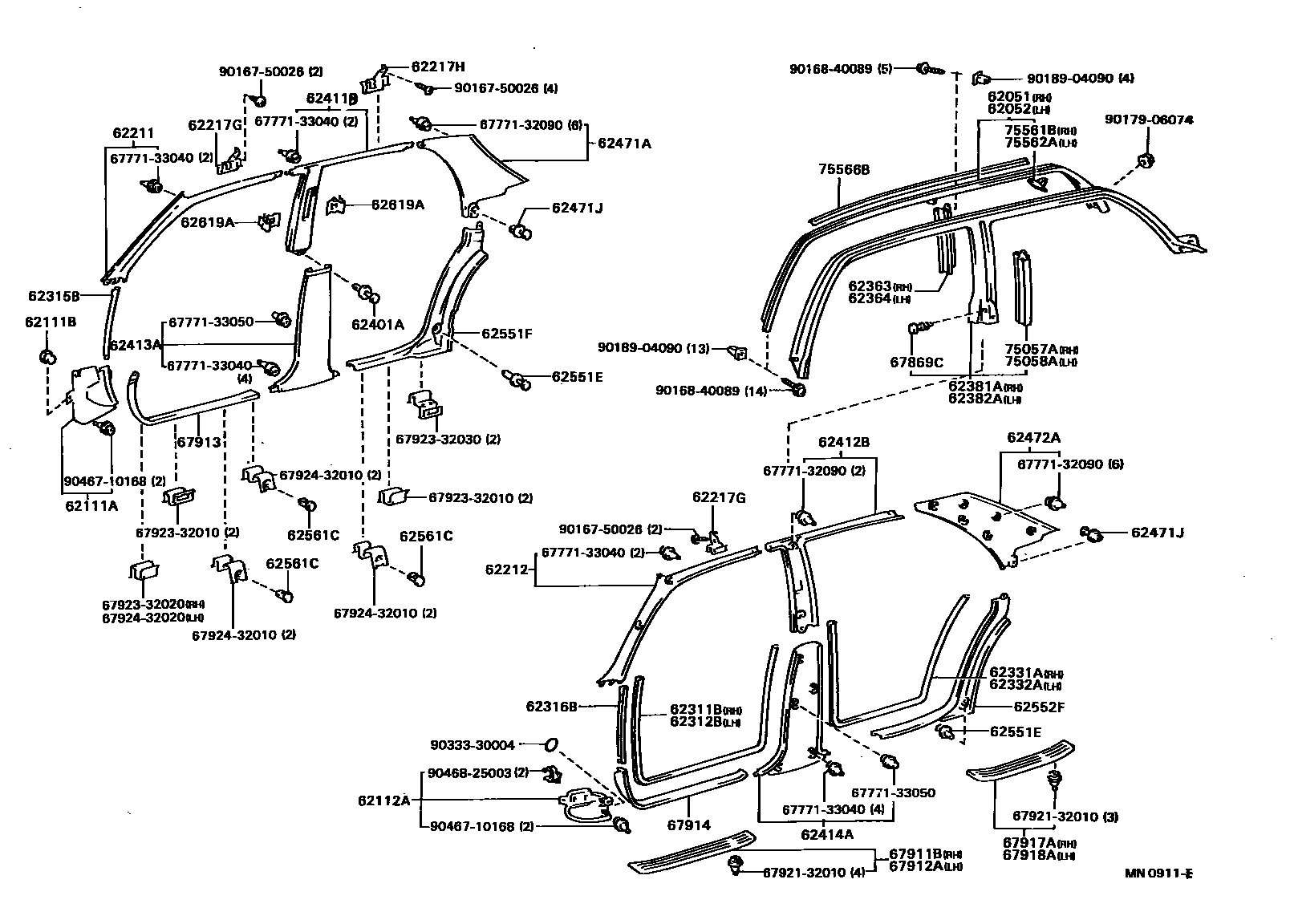 Toyota CAMRY 内饰板和车门防水胶条 EPC diagram — MN0911E