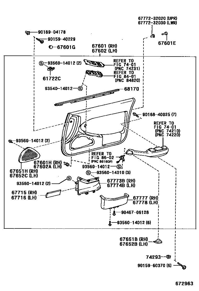 Toyota CAMRY 前门板和前门玻璃 EPC diagram — 672963