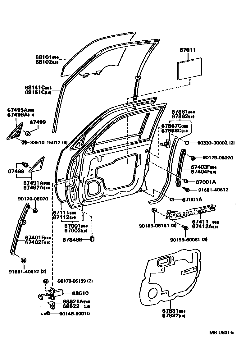 Toyota CAMRY 前门板和前门玻璃 EPC diagram — MBU801E