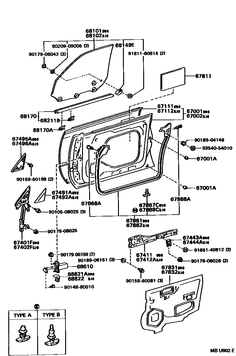 Toyota CAMRY 前门板和前门玻璃 EPC diagram — MBU802E
