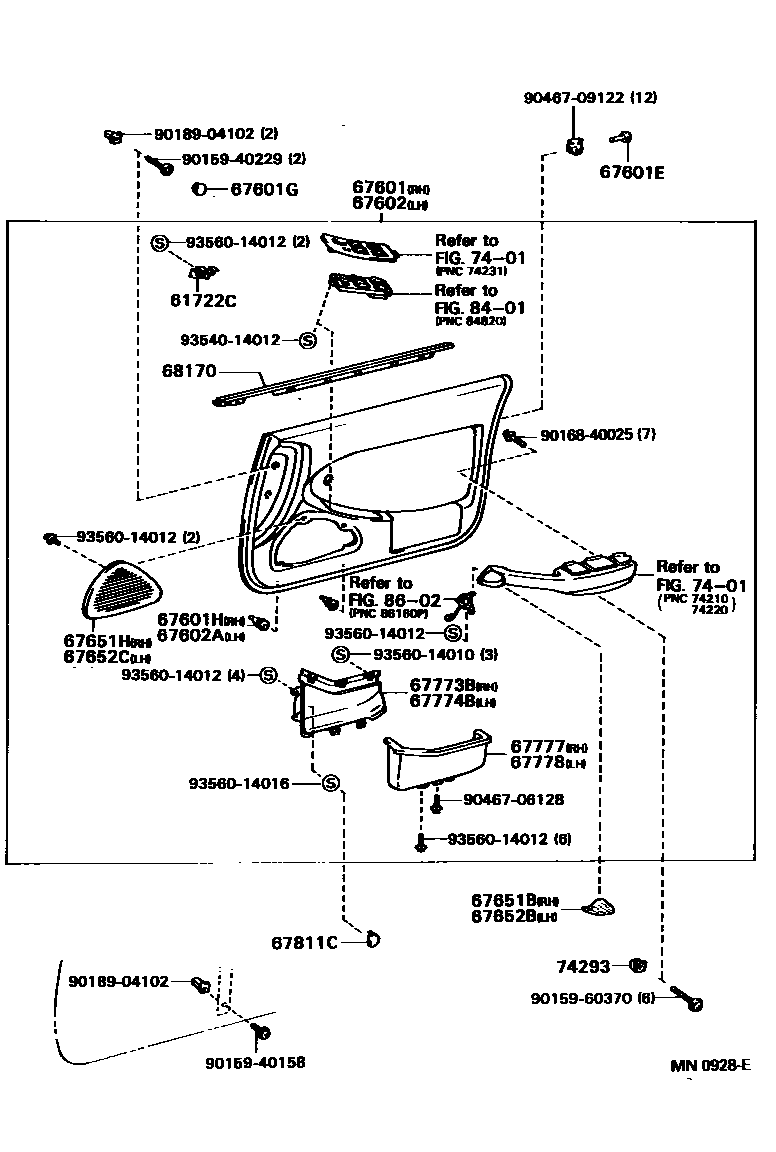 Toyota CAMRY 前门板和前门玻璃 EPC diagram — MN0928E
