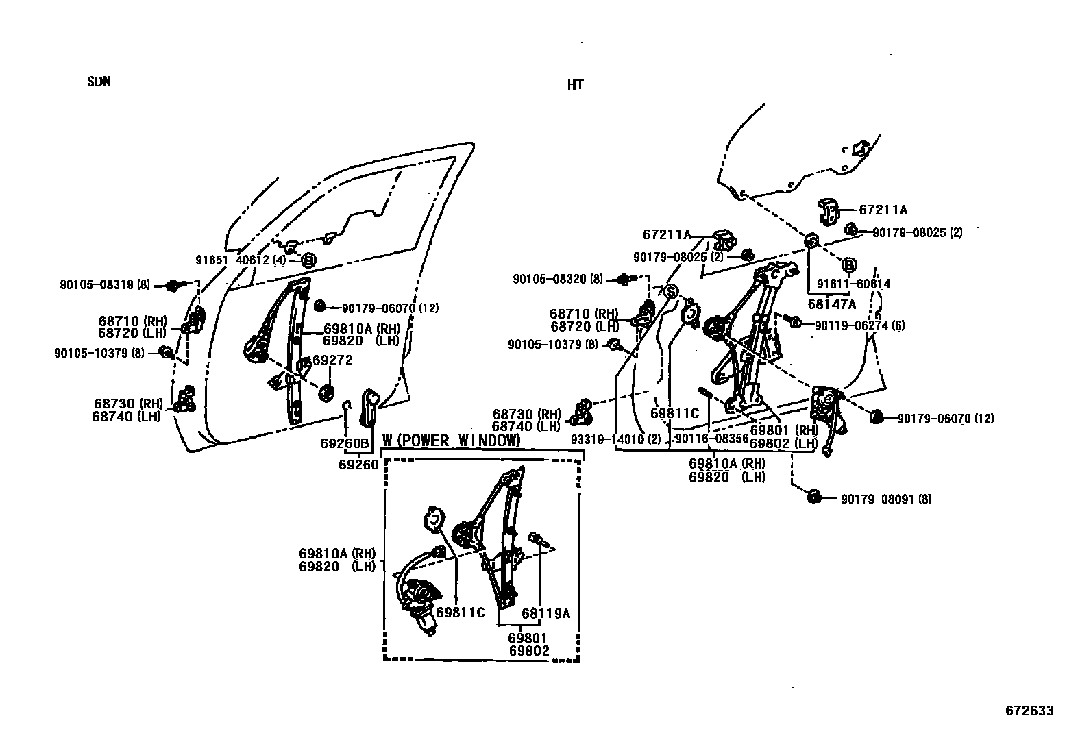 Toyota CAMRY 前门车窗升降器和合页 EPC diagram — 672633