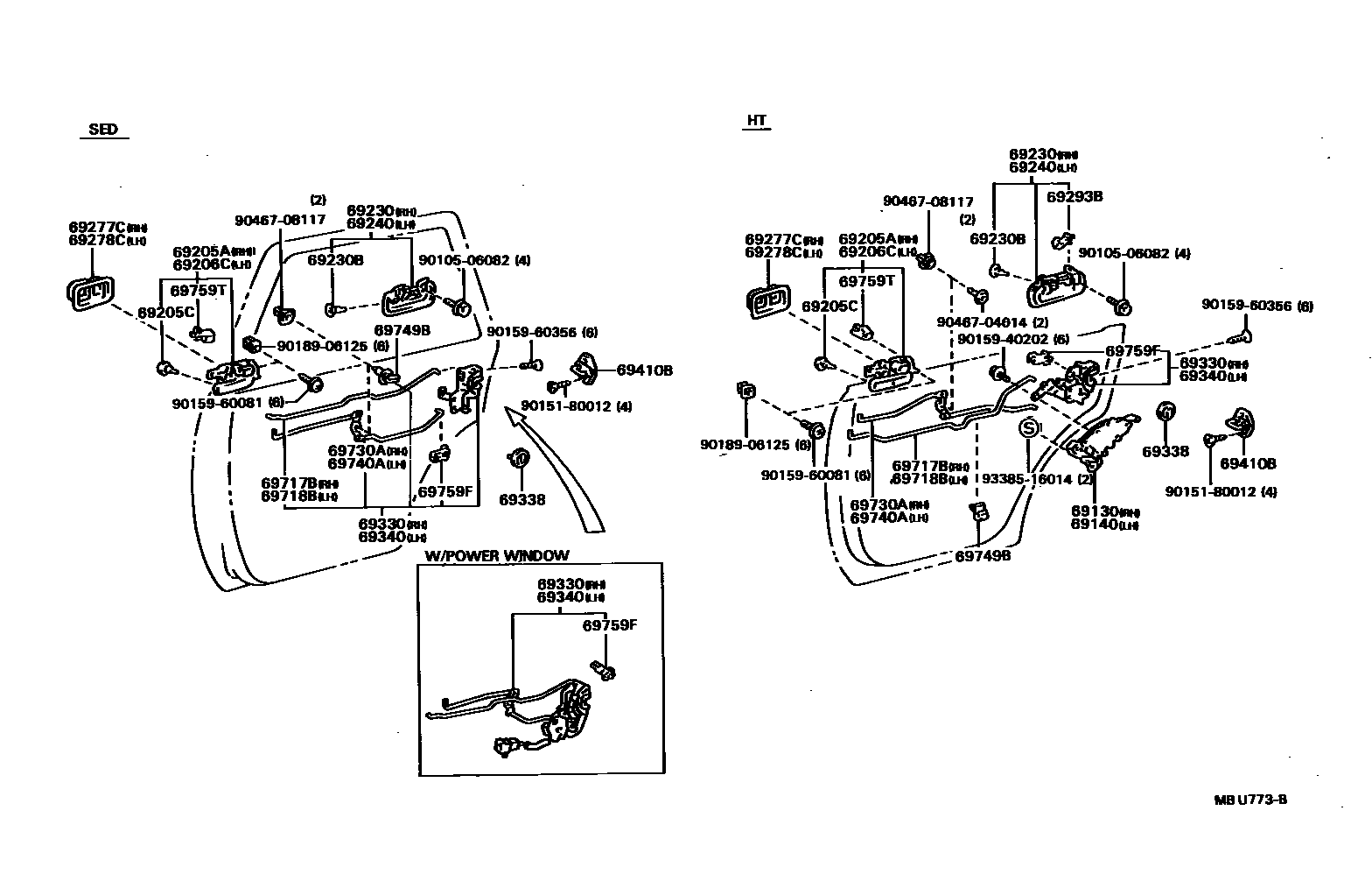 Toyota CAMRY 后门锁和后门把手 EPC diagram — MBU773B