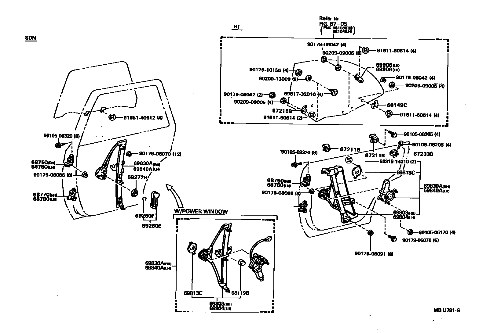 Toyota CAMRY 后门车窗升降器和合页 EPC diagram — MBU781G