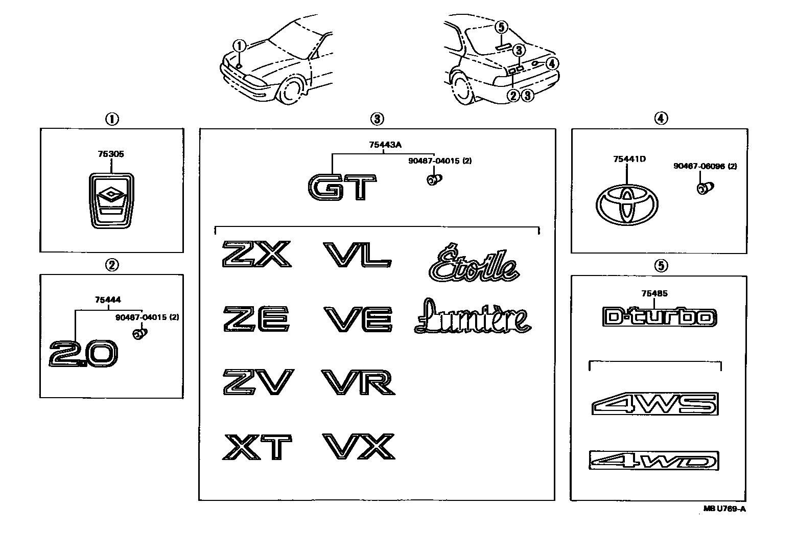 Toyota CAMRY 丰田徽标和铭牌(车外和车内) EPC diagram — MBU769A