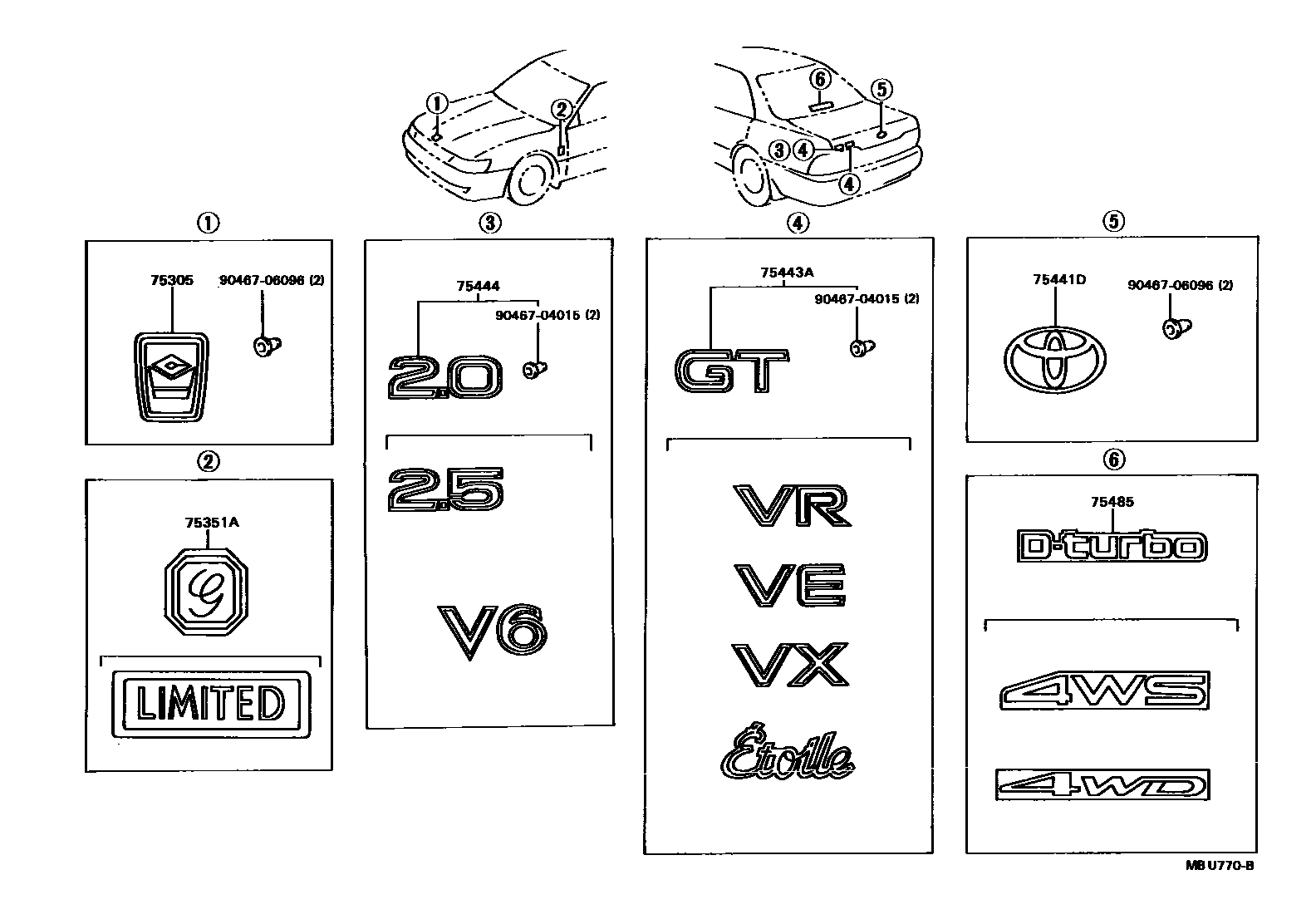 Toyota CAMRY 丰田徽标和铭牌(车外和车内) EPC diagram — MBU770B