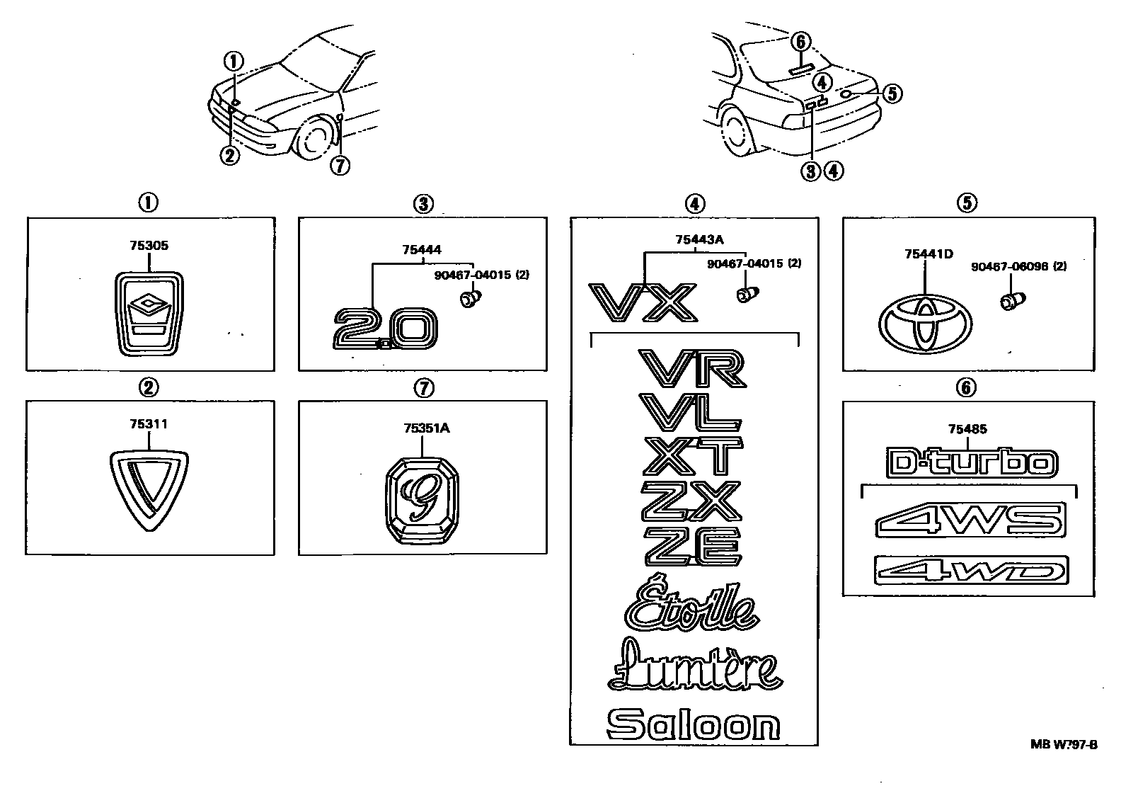 Toyota CAMRY 丰田徽标和铭牌(车外和车内) EPC diagram — MBW797B