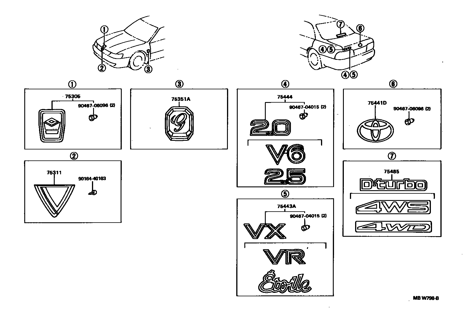 Toyota CAMRY 丰田徽标和铭牌(车外和车内) EPC diagram — MBW798B