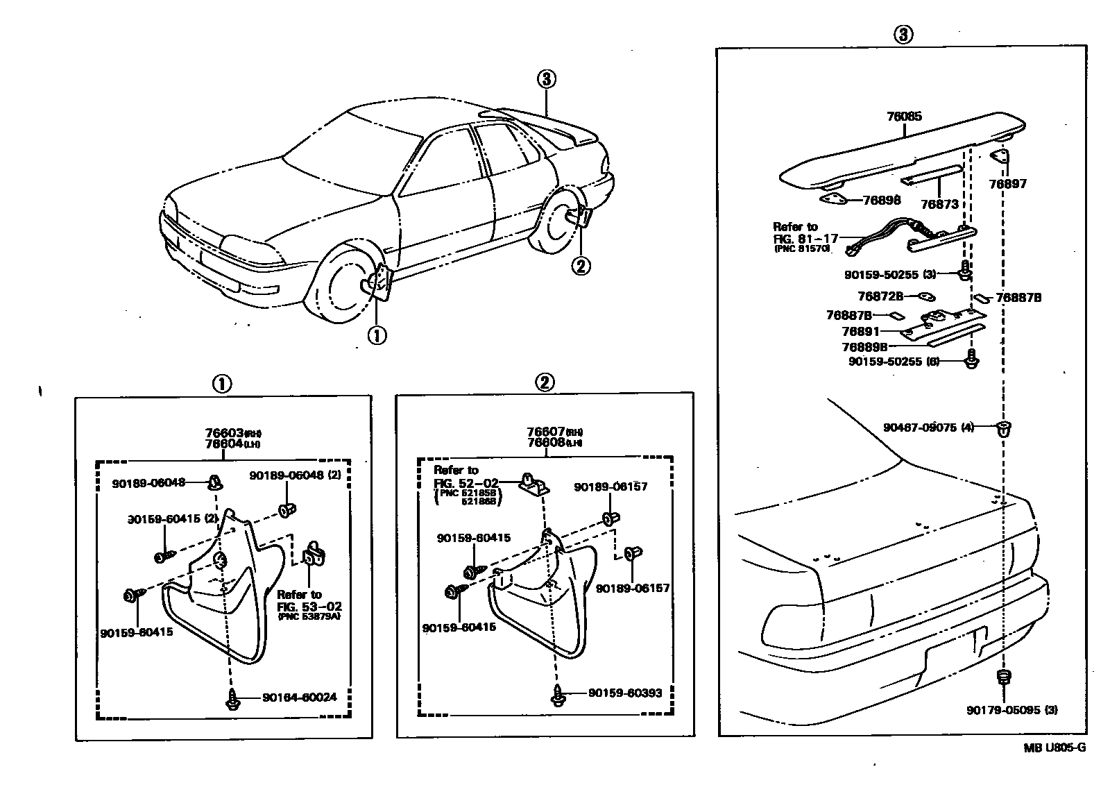 Toyota CAMRY 挡泥板和扰流板 EPC diagram — MBU805G