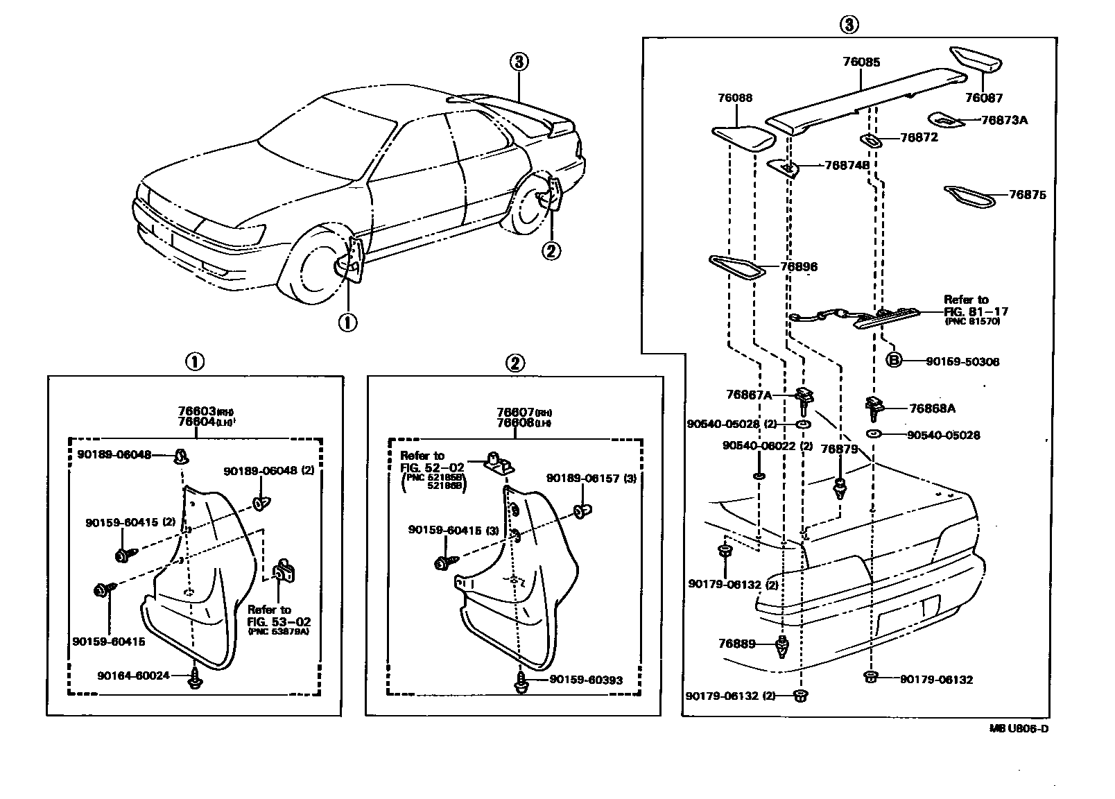 Toyota CAMRY 挡泥板和扰流板 EPC diagram — MBU806D