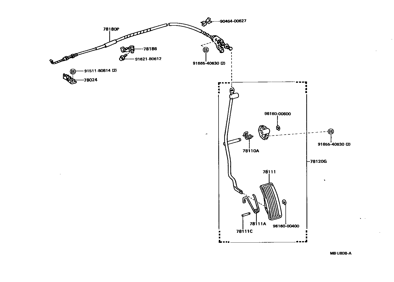 Toyota CAMRY accelerator pedal connecting rod EPC diagram — MBU808A