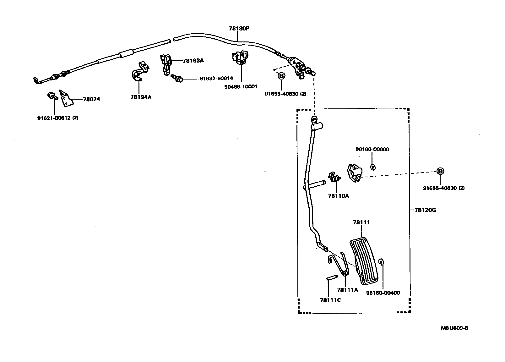 Toyota CAMRY accelerator pedal connecting rod EPC diagram — MBU809B
