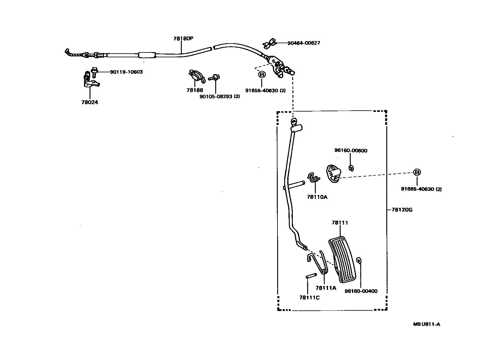 Toyota CAMRY accelerator pedal connecting rod EPC diagram — MBU811A