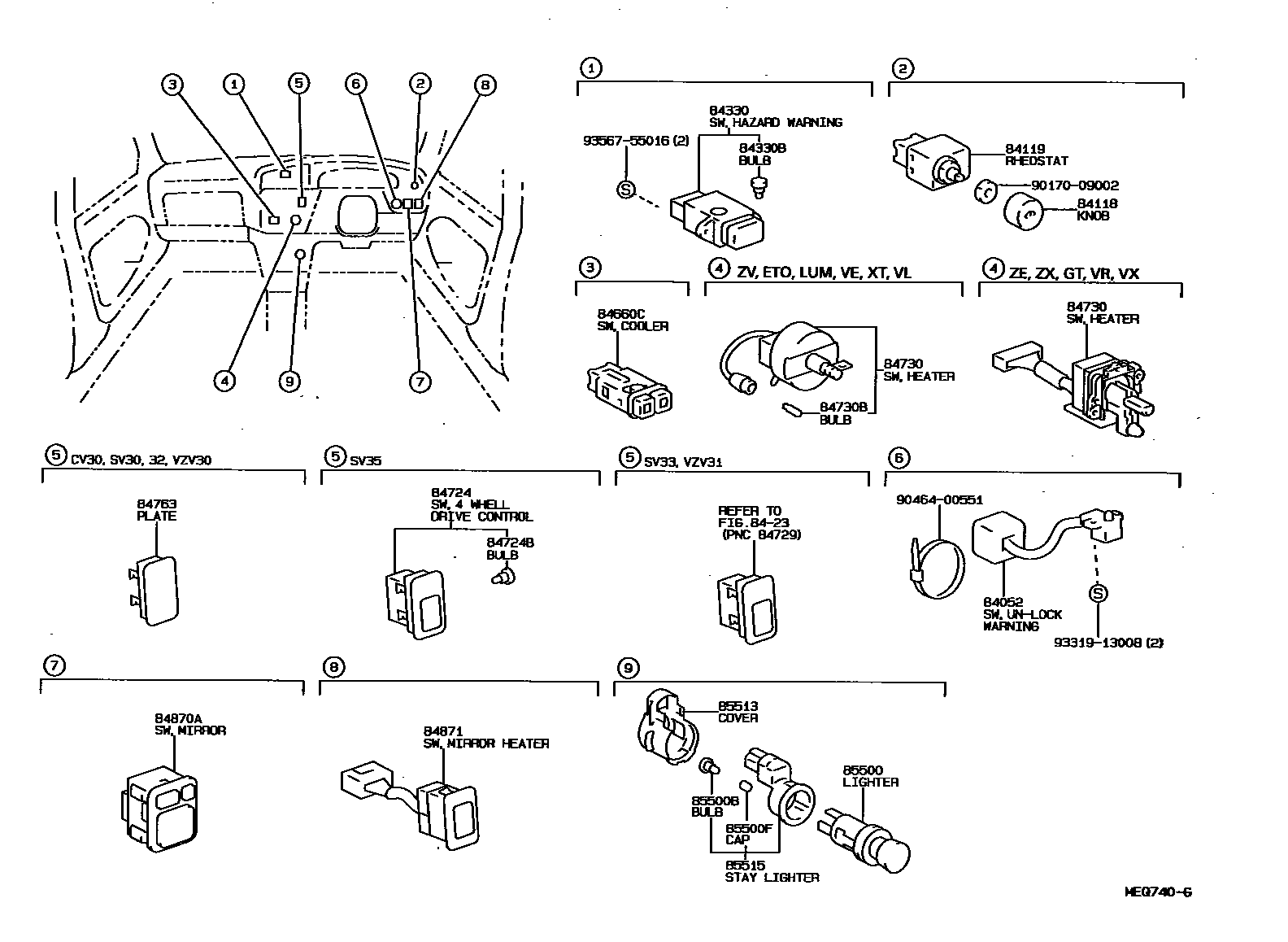 Toyota CAMRY 开关和继电器和ECU EPC diagram — MEQ740G