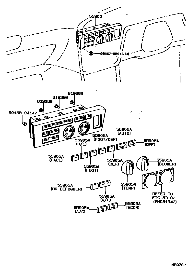 Toyota CAMRY 暖风和空调系统 - 控制器和风管 EPC diagram — MEQ702