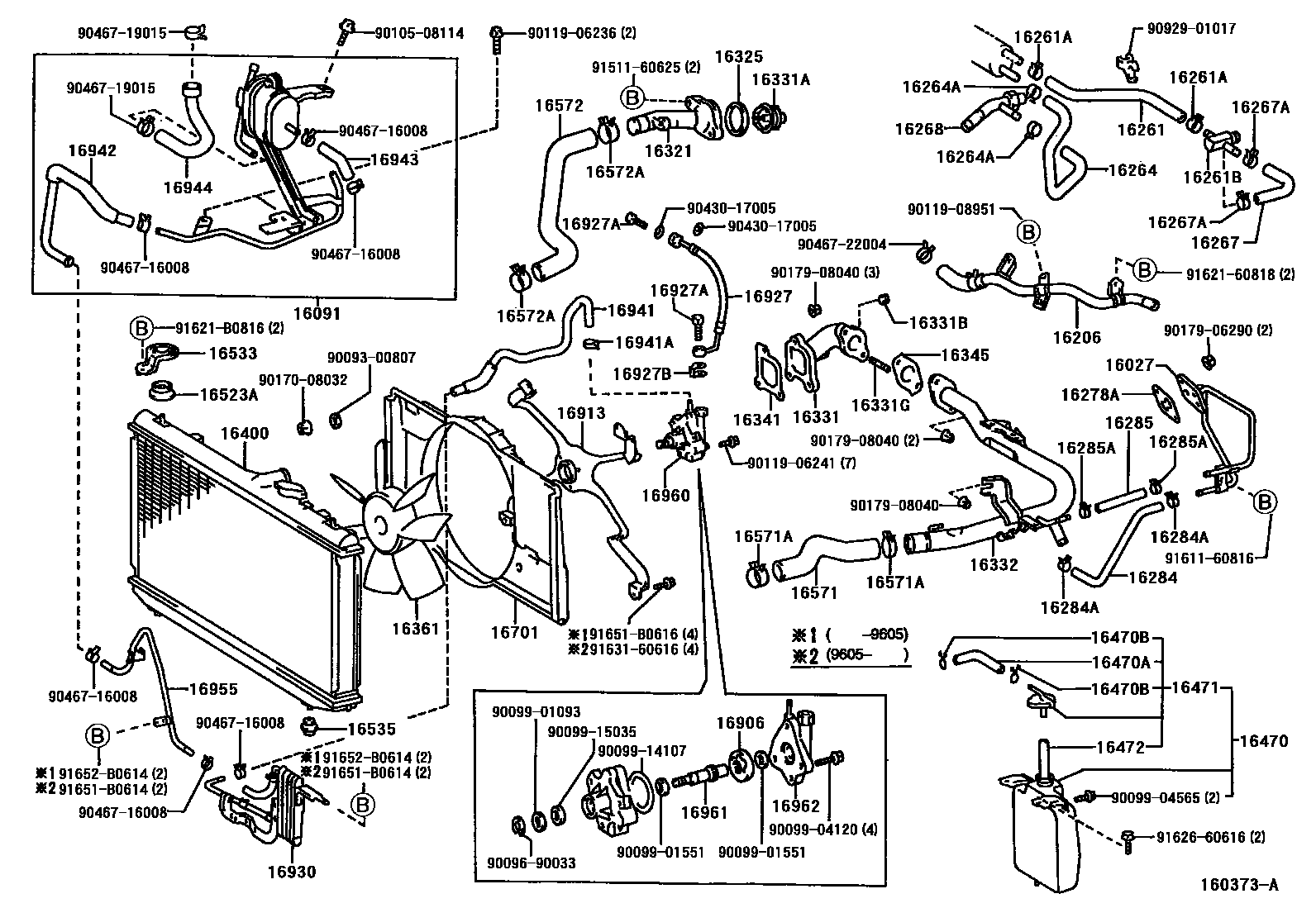 Toyota CAMRY RADIATOR & WATER OUTLET EPC diagram — 160373A