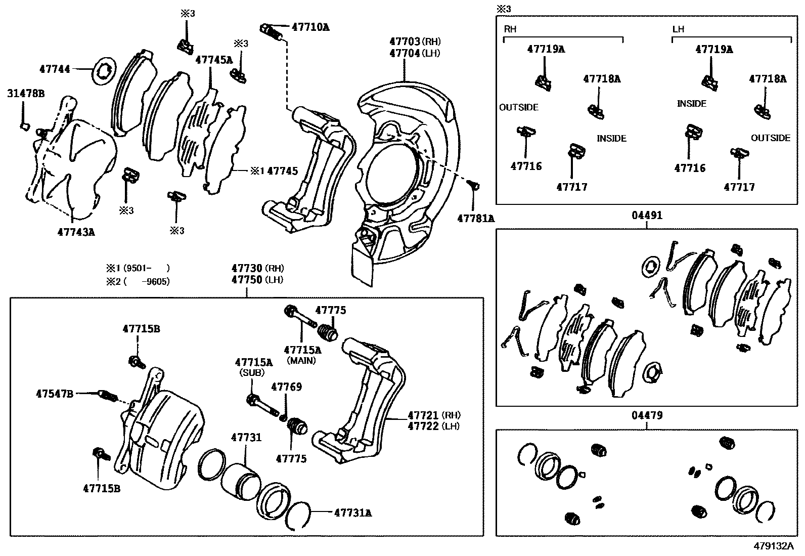 Toyota CAMRY 前盘式制动器卡钳和防尘罩 EPC diagram — 479132A
