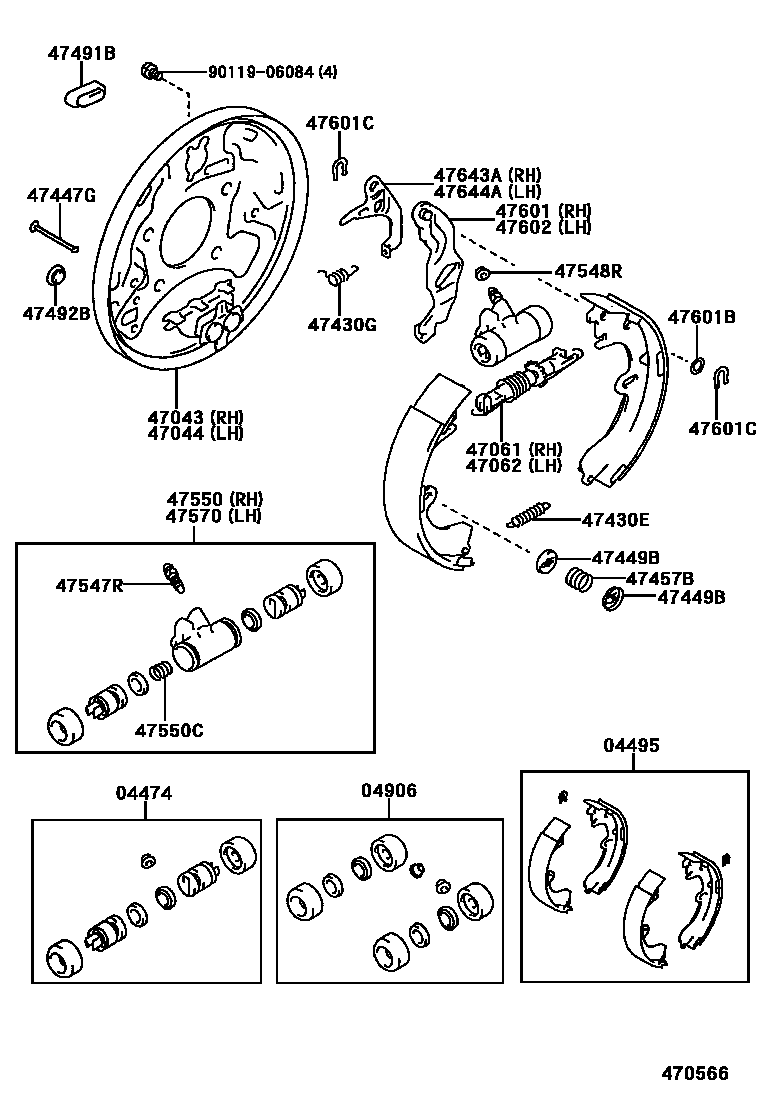 Toyota CAMRY 后鼓式制动器分泵和底板 EPC diagram — 470566