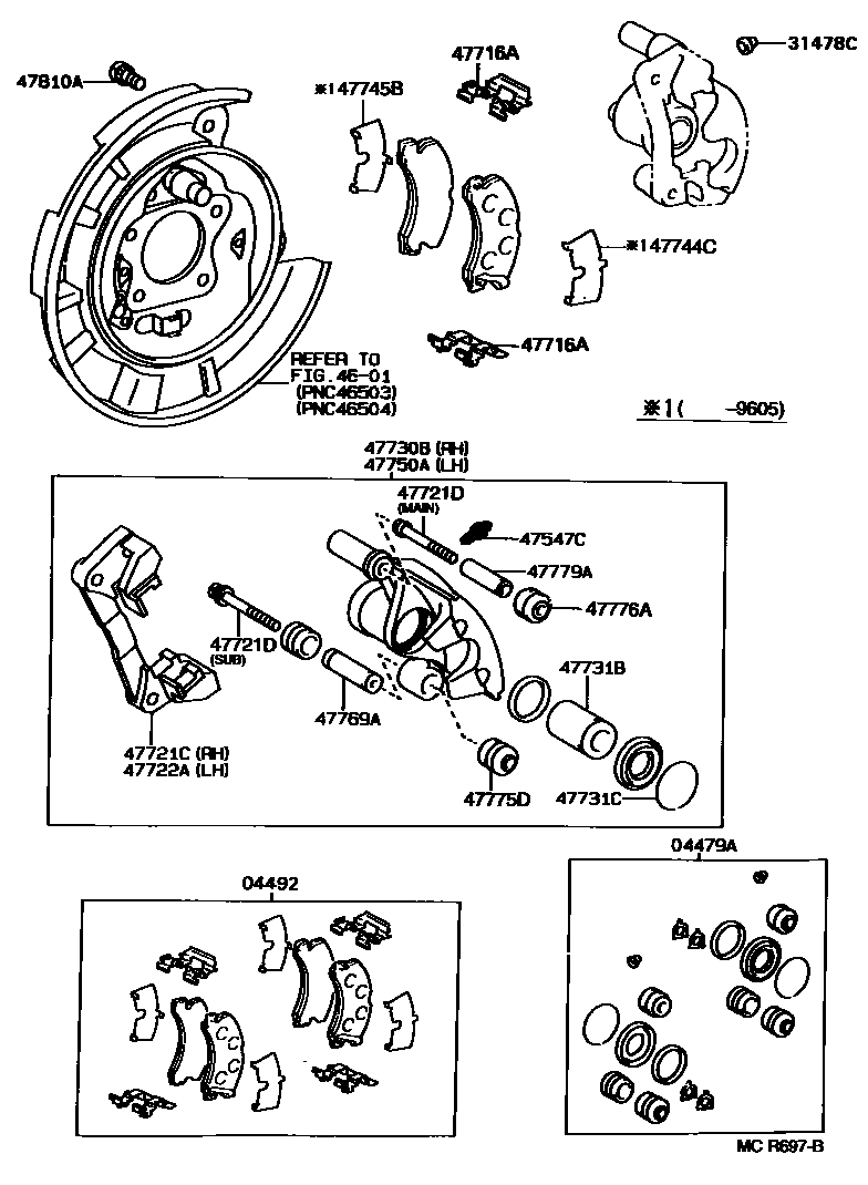 Toyota CAMRY 后盘式制动器卡钳和防尘罩 EPC diagram — MCR697B