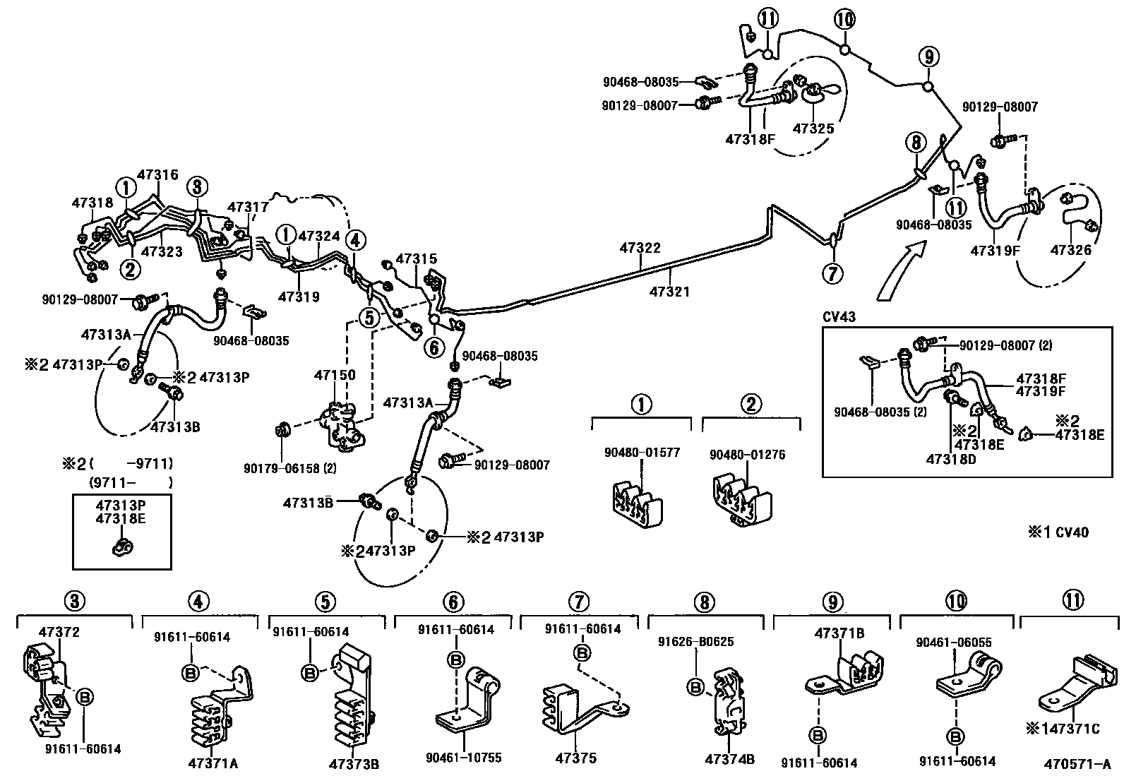 Toyota CAMRY 制动配管和卡箍 EPC diagram — 470571A