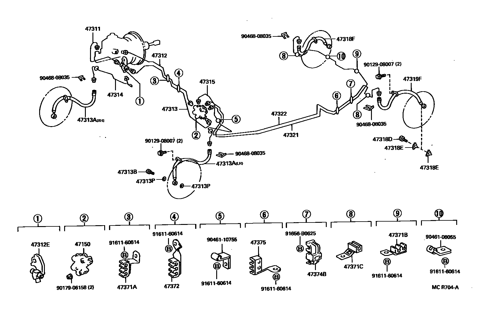 Toyota CAMRY 制动配管和卡箍 EPC diagram — MCR704A