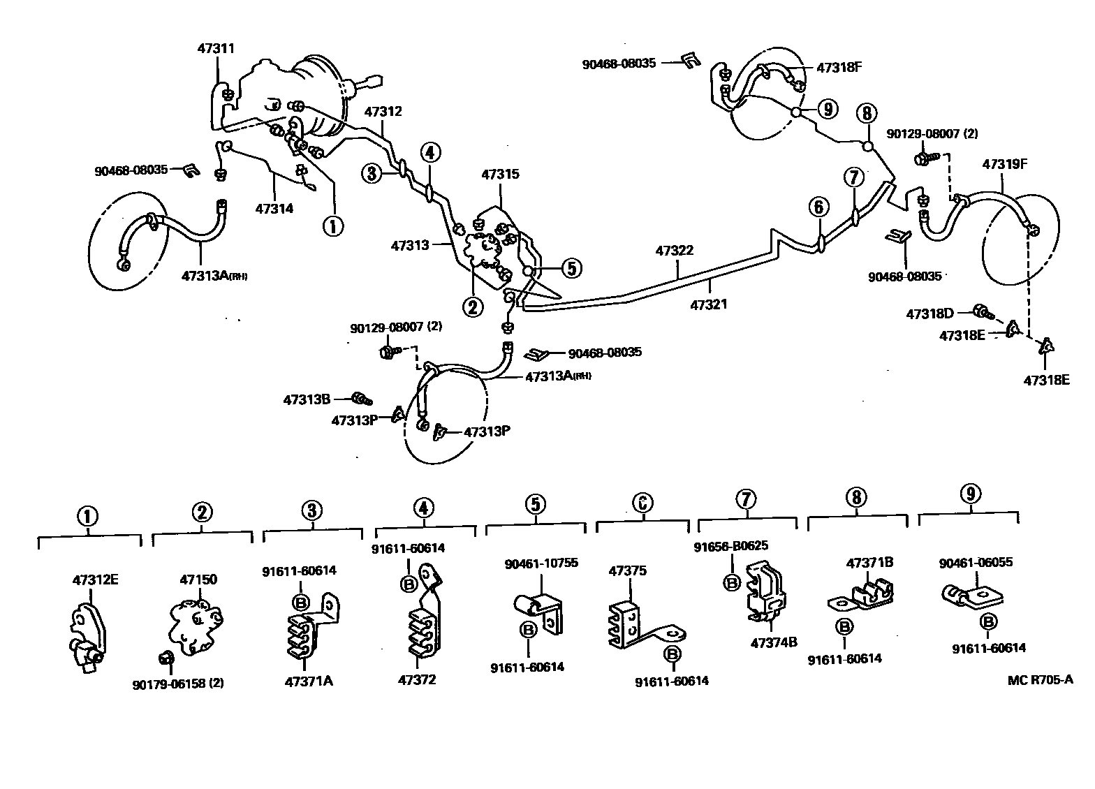 Toyota CAMRY 制动配管和卡箍 EPC diagram — MCR705A