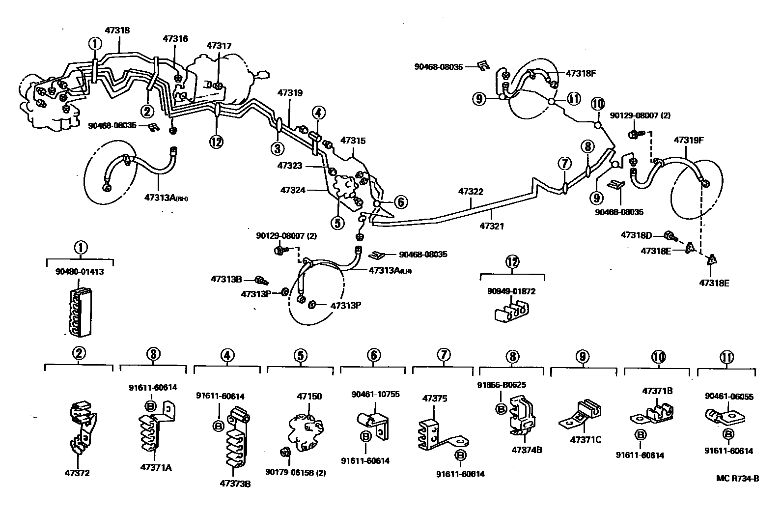 Toyota CAMRY 制动配管和卡箍 EPC diagram — MCR734B