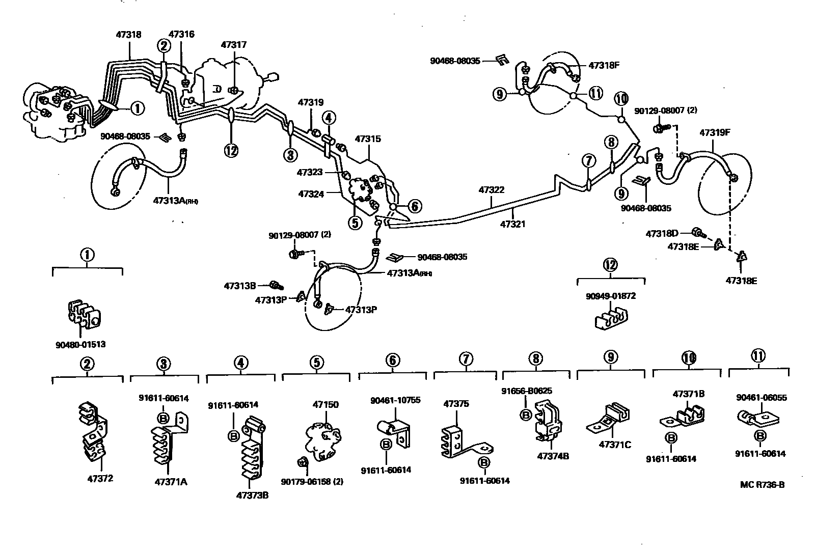 Toyota CAMRY 制动配管和卡箍 EPC diagram — MCR736B