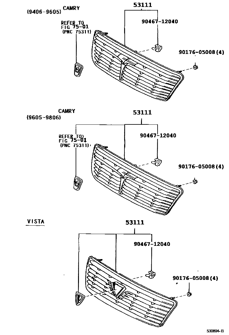 Toyota CAMRY radiator grille EPC diagram — 530894B