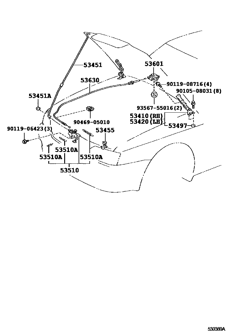 Toyota CAMRY 发动机盖锁和铰链 EPC diagram — 530369A