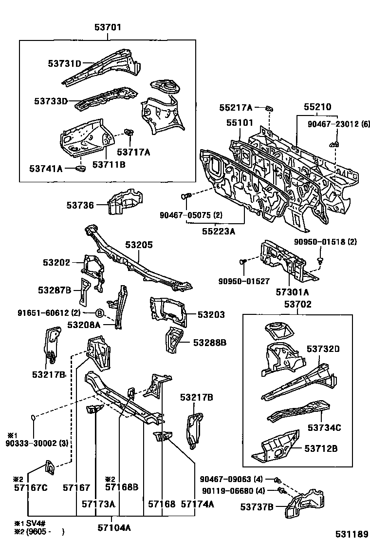 Toyota CAMRY 前翼子板挡泥板和前围板 EPC diagram — 531189