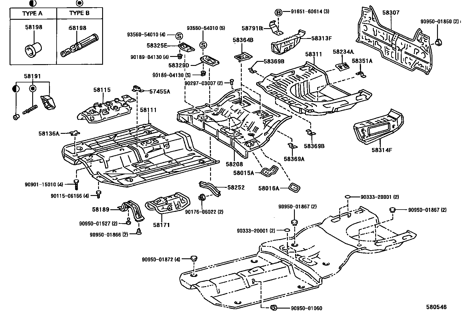 Toyota CAMRY 浅盘形地板和车身下背板 EPC diagram — 580546